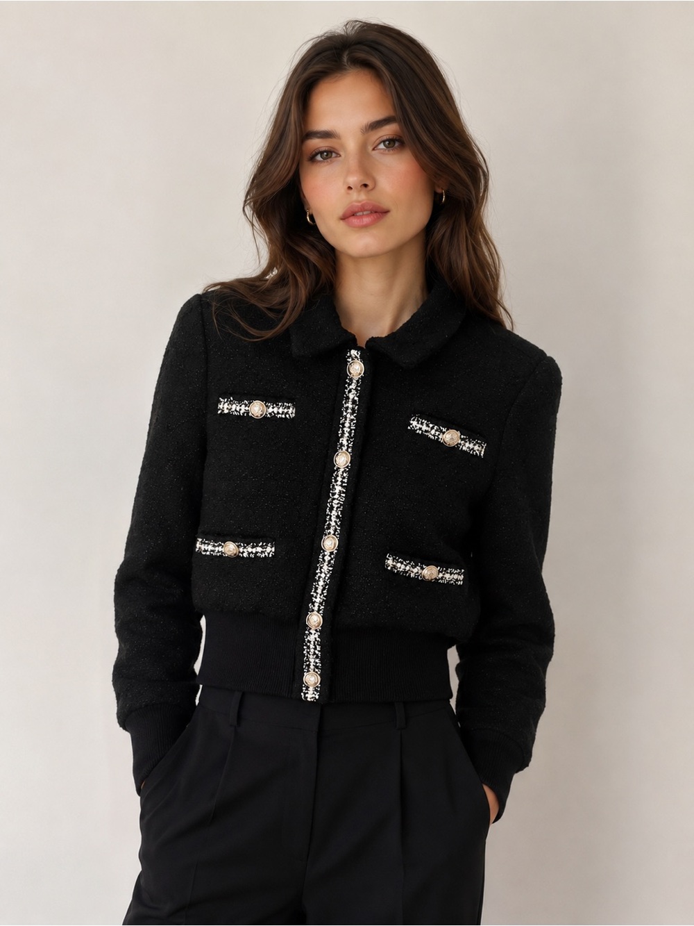 Maje Black Tweed Bomber Jacket with Decorative Trim